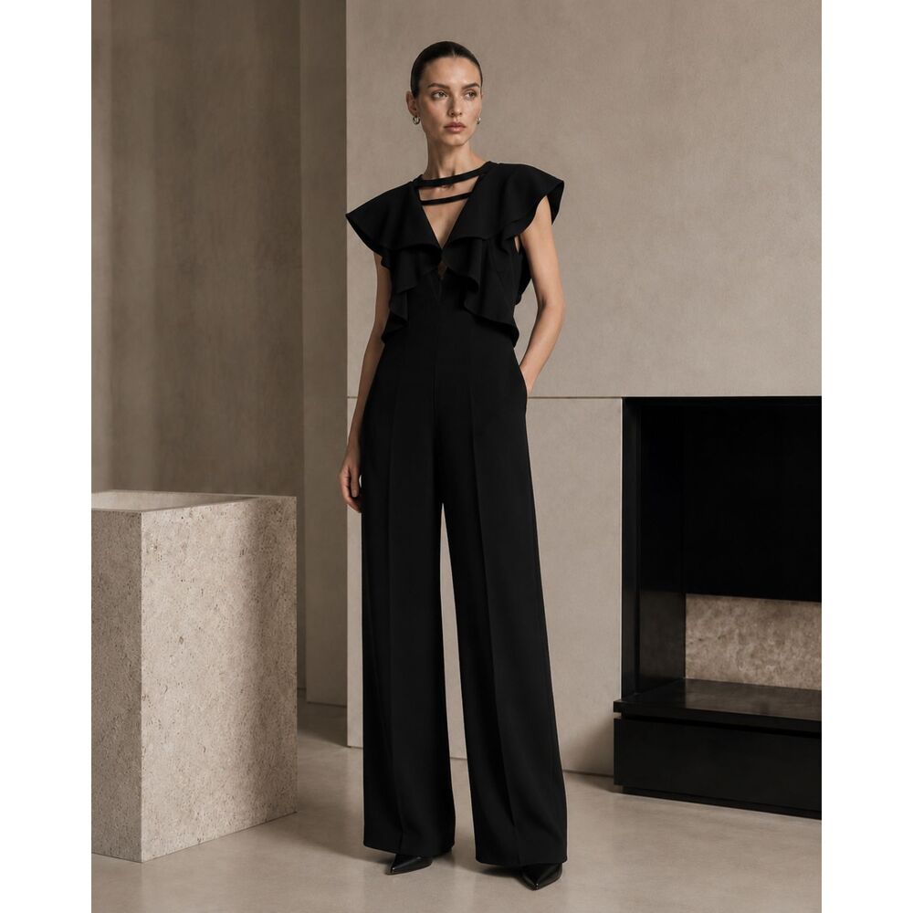GOEN.J Black Ruffle Wide Leg Jumpsuit Wool Size S UK 8 US 4 EU 36